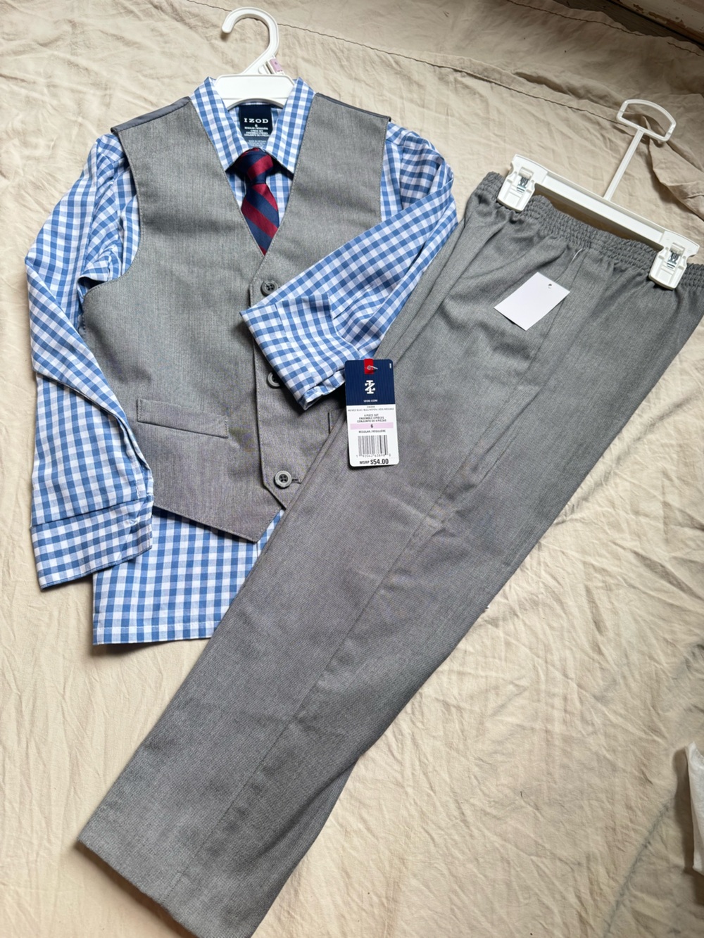 IZOD Boys Size 6 4 Piece Dress Set Gray Vest Pants Gingham Shirt Tie
